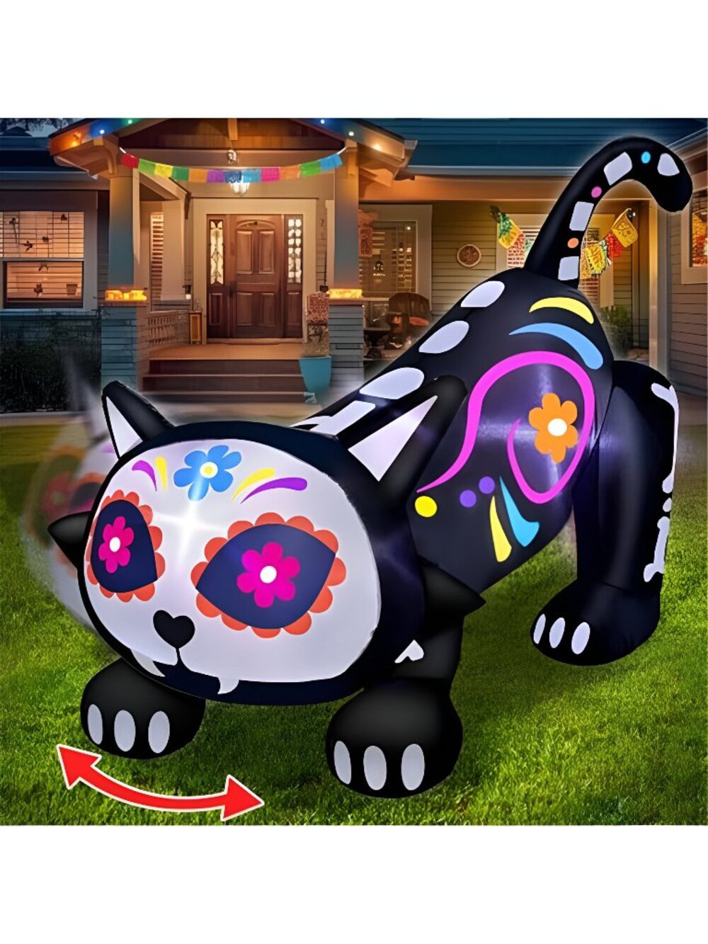 Rotating Head - 5 Ft Day of The Dead Inflatables Sugar Skull Black Cat